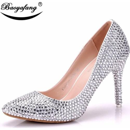 BaoYaFang New Pointed Toe Thin Heel Women Wedding Shoes Plus Size Ladies Party dress shoes fashion shoes royal blue crystal