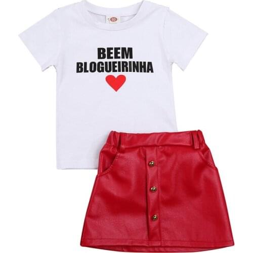 Toddler Baby Girls Sunsuit Short Sleeve Letter T-Shirt Tops A-line PU Leather Mini Skirt Princess Outfits