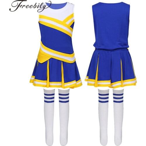 KidKids Teens Cheerleader Dance Costume Tops with Pleated Skirt Socks Outfit School Girls Stage Performance Jazz Dance Costume