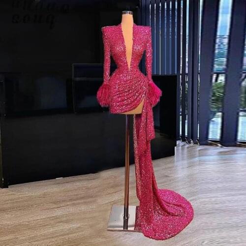 Deep V Neck Long Sleeves Prom Dresses Sequined Sweep Train High Low Evening Gowns Zipper Back Feather Cocktail Party Dress