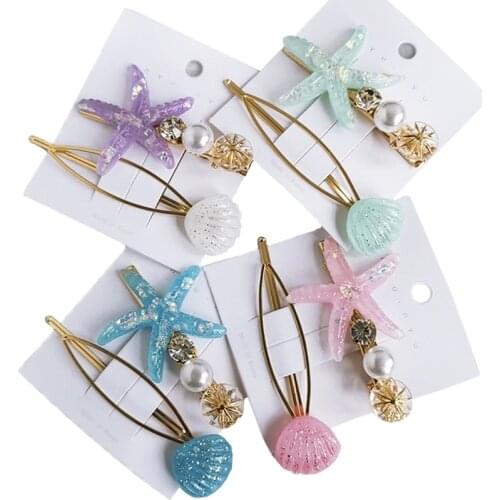 Fashion Lady Girls Pearls Hairpins Starfish Shell Beads Hair Clips Geometric Hair Clips Summer Beach for Women Hair Accessories