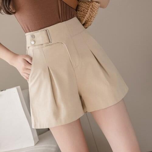 2020 Summer Korean Womens High Waisted Black Beige Khaki Wide Leg Shorts , Casual Woman Female Pleated Shorts