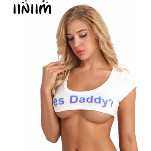 Iiniim Women Girls Fashion Stretchy Yes Daddy Letter Printed Summer Crop Tops Night Rave Party Pole Clubwear Short Tees Bra Vest