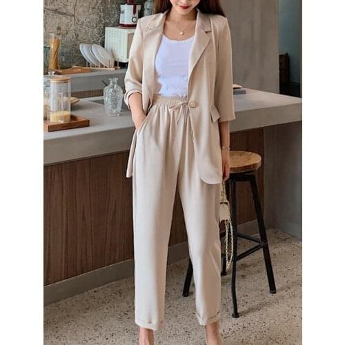 Spring And Autumn Womens Office Suit Sets Solid Color Pantsuit Casual Seven-Point Sleeve Blazer Suits Female Set 2 Pcs Outfit