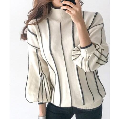 Women Korean Stripe Knitted Sweater Pullovers 2021 Spring Half High Collar Lantern Sleeve Loose Female Casual Jumper Pull Femme