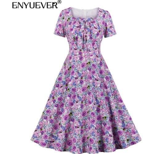 Enyuever Floral Vintage Dress Women Summer Clothes Short Sleeve Bowknot High Waist Robe Pin Up Swing Holiday Party Casual Dress