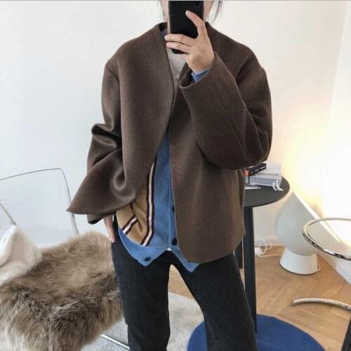 Womens Vintage Wool Warm Woolen Coat V-neckline Office Ladies Solid Plus Size Long Sleeve Loose Tops Suit Coat Jackets Female