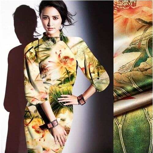 118cm wide 19mm 93% silk & 7% spandex orange lotus flower green leaves print silk satin fabric for dress shirt clothes