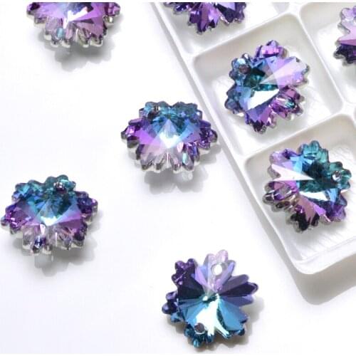 2020 new pink+purple color 14mm snowflake shape sew on Ponintback Rhinestones 2holes strass glass Stones For wedding dress
