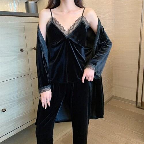 Velour 3PCS Lace Trim Pajamas Suit Womens Sexy V-Neck Strap Sleepwear Spring Autumn Full Sleeve Bathrobe Casual Home Wear