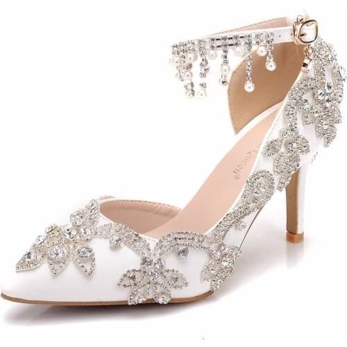 8cm plus size sandals with pointed sandals white rhinestone wedding shoes womens foreign trade high heels side empty 3