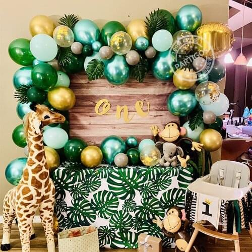 95Pcs Dark Green Chrome Gold Metal Green Latex Balloons Garland Kit baby shower Jungle Theme 1st kids birthday Party Decorations