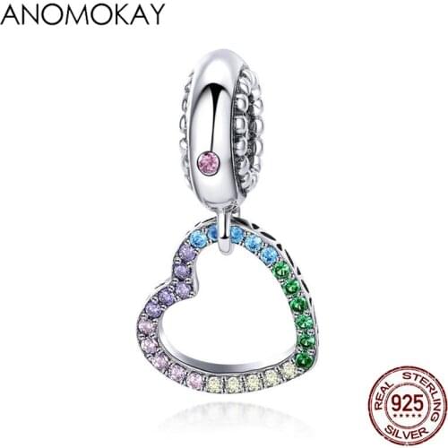 Anomokay 925 Sterling Silver Rainbow Heart Charms Pendant fit Bracelet Necklace Colorful Love Shape for DIY Jewelry Accessories