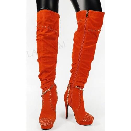 BERZIMER Women Knee High Boots Pleated Side Zip Chains Studded Cosplay Unisex Faux Suede Shoes Woman Big Size 39 43 44 45 47 52