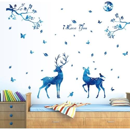 DIY I Love You Nordic Blue Star Tree Deer Wall Stickers Living Room Bedroom Kids Rooms Decorations Vinyl Art Decal Murals