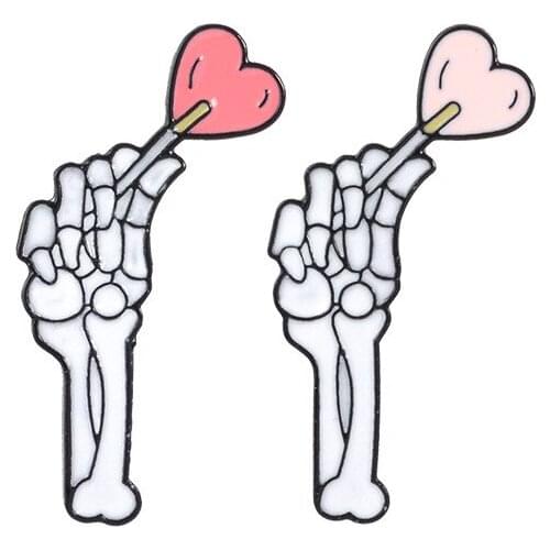 MINGQI alloy enamel pin Skeleton hand with heart lollipop badge brooch Lapel pin Denim Jeans shirt bag Dark Punk Jewelry gift