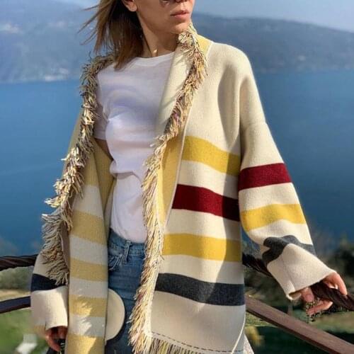 Jastie 2021 Autumn Winter Retro Striped Cashmere Sweater Cardigan Boho Lapel fringe Long-Sleeve Loose Warm Coat Jacket Tops