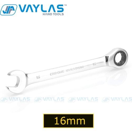 VAYLAS 16mm Combination Wrench Fixed Head Ratcheting 72T and Open End High Torque Mirror Polish Spanner Repair Hand Tool
