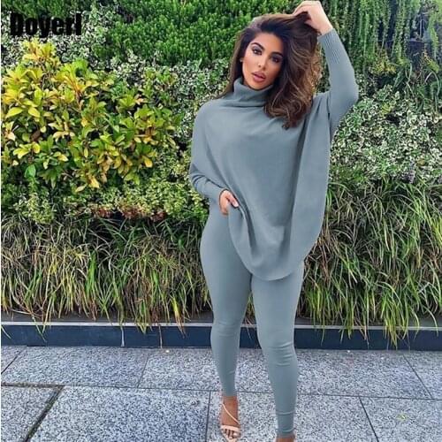 Winter Fashion Two Piece Outfits for Women 2 Piece Set Oversize Turtleneck Top and Bodycon Pants Set Lounge Wear Matching Sets