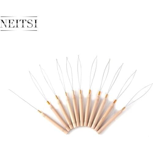Neitsi Hair Extension Hook Needle Pulling Tool Threader Micro Rings Beads Loop Wooden Handle With Iron Wire 10pcs/lot