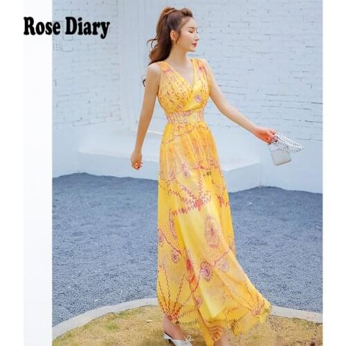 RoseDiary Summer Sexy Casual Women Long Dress High Waist V-Neck Back Sleeveless Holiday Beach Dress Sling Print Robes Halter