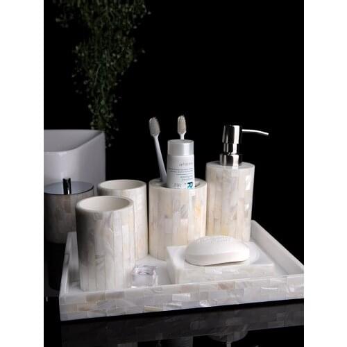 5pcs Bathroom Accessories Set Sea Shell Bathroom Wash Set Toothbrush Holder Soap Dispenser Soap DishTray Tumbler Swab Holder