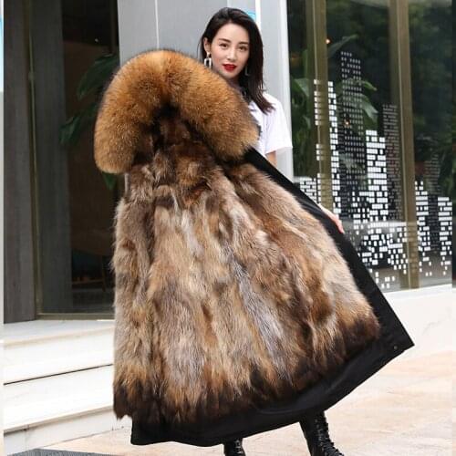 2020 new fashion women luxurious Large raccoon fur collar hooded coat warm Fox fur liner parkas X-long winter jacket top quality