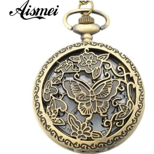New Steampunk Quartz Dress Pocket Watch Butterfly Flower Vintage Style Bronze Necklace Pendant Chain Clock 5pcs/lot