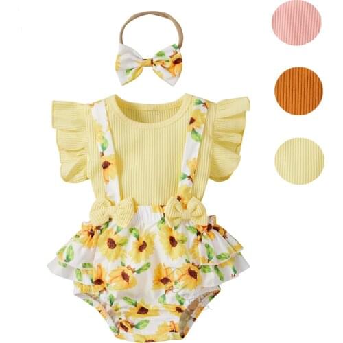 Toddler Baby Sunflower Printing Three-pieces Set, Infant Girl O-neck Flying Sleeve Tops + Suspender Shorts + Headband Set Summer