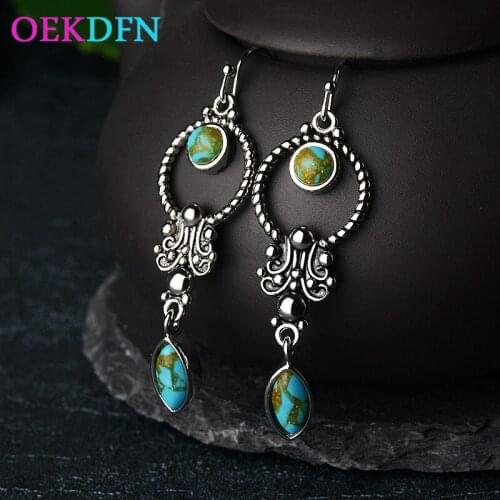 OEKDFN Vintage 100% 925 Sterling Silver Earrings Turquoise Gemstone Drop Dangle Hook Earrings Women Luxury Fine Jewelry
