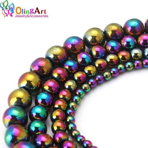 Olingart 4MM/6MM/8MM/10MM 4 sizes 50PCS/lot Round Beads Natural Hematite Stone Electroplating color mixing DIY Jewelry Making