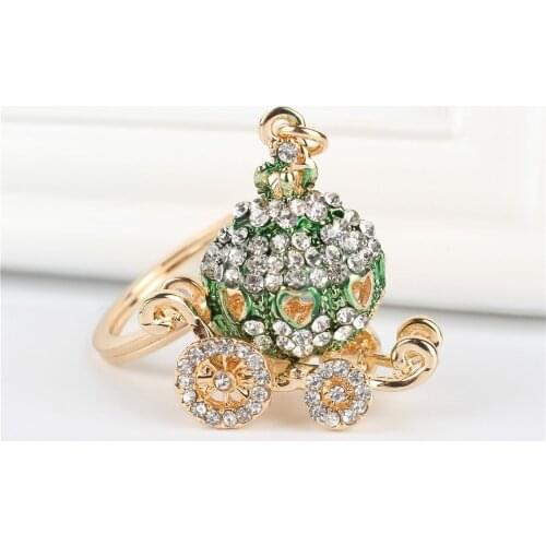 Green Pumpkin Carriage Pendant Charm Rhinestone Crystal Purse Bag Keyring Key Chain Accessories Wedding Party Lover Friend Gift