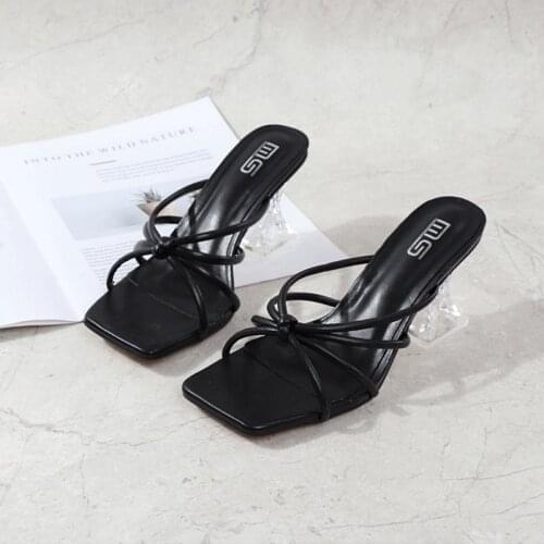 Women Sandals Fashion High Quality Sandals Clear Crystal Cup High Heel Stilettos Sexy Pumps Sqare Toe Summer Shoes Slides Size 4