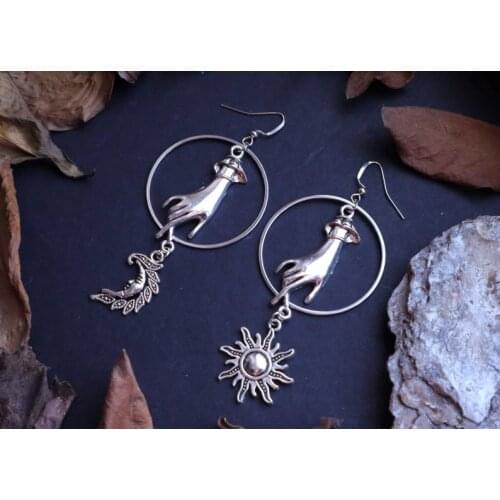 Hand moon & sun hoop earrings - hoop earrings - Gothic, medieval, viking, alternative, handmade