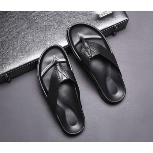 Summer Comfortable Genuine Leather Flat Slipper Men Rome Como Black Rubber Moccasins Men Breathable Flip Flops Free Shipping