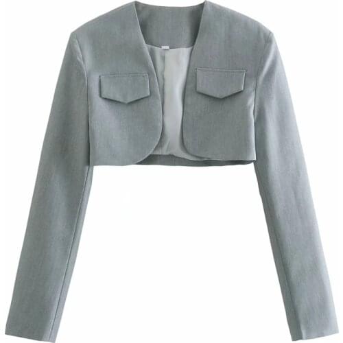 SLMD Stylish Chic Gray Pockets Open Stitch Cropped Jacket Women 2021 Fashion Long Sleeve Short Coat Female Casual Outerwear