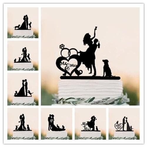 Mixed Style Black Acrylic Bride and Groom Silhouette with Pet Dog Cat Mr & Mrs Toppers for Wedding Cake Decorating Accessory