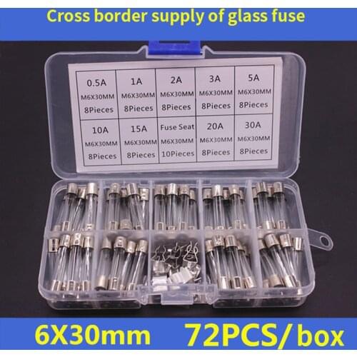 72pcs Fast-blow Glass Tube Fuses M6x30mm 250V 0.5A 1A 2A 3A 5A 10A 15A 20A 30A Quick Blow Glass Tube Fuse Assorted Kit