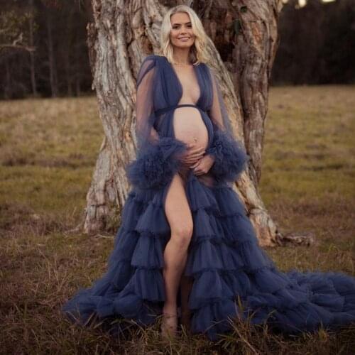 Navy Maternity Dresses V Neck Tiered Skirts Maternity Gown for Photoshoot Boudoir Lingerie Robe Bathrobe Nightwear Babydoll