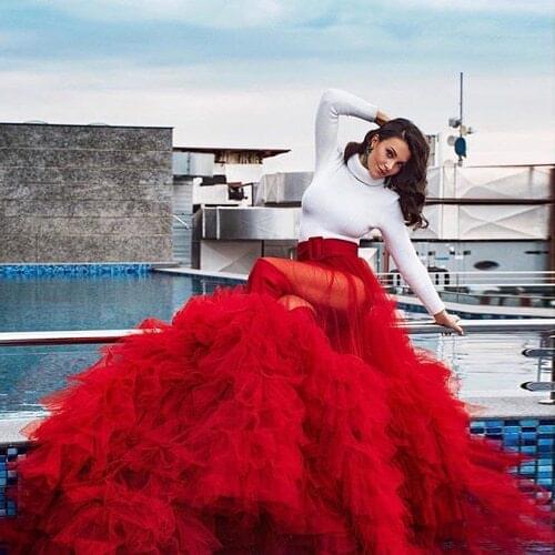 Chic Luxury Extra Puffy Ruffled Tulle Skirts For Women 2021 Elegant See Thru Street Photoshoot Long Tutu Skirt Robe De Soiree