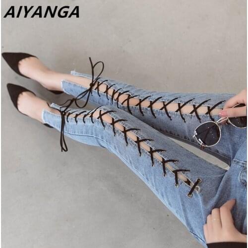 Women Jeans 2018 Summer Fashion Hollow Out Cross Strap Bandage Denim Pencil Pants Ladies Mid Waist Sexy Lace Up Hole Tight Jeans