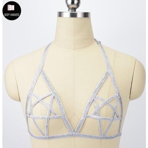 Women Silver Color Pentagram Body Harness Belt Harajuku Cage Bra Fetish Wear Sexy Bralette Body Cage Bondage Harness Erotic Bra