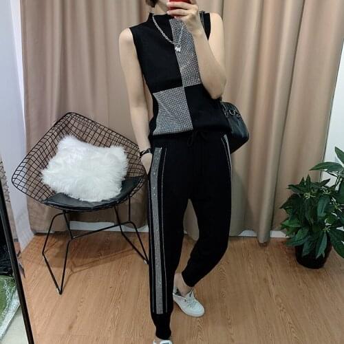 Womens tracksuit set2 piece set womenSleeveless hot diamond loose ice silk knit suit sleeveless sweater + wide leg pants