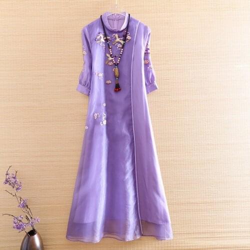 High-end Summer Embroidery Crane Organza Cheongsam Loose Women Dress Chinese Style Elegant Lady Party Qipao Dress S-XXL