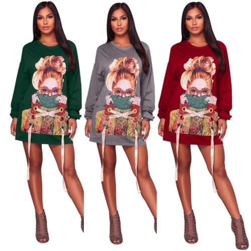 Plus Size Casaul Women Dress Print Bandage Full Sleeve Shirt Loose Autumn Dresses For Women Outfit