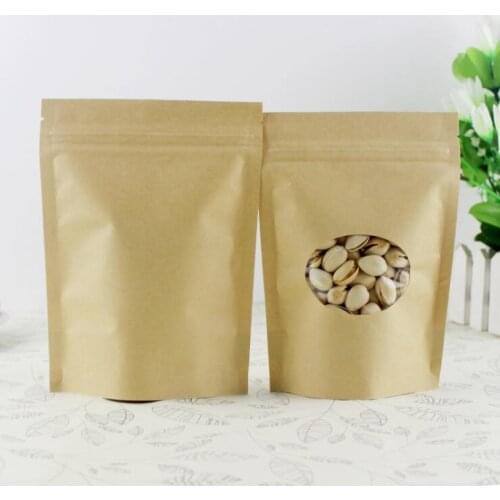 13*20+4cm 50pcs Stand Up Clear Window Brown kraft paper bags with Zipper lock for Food/Tea/Nut/Coffee Resealable Packaging Bag