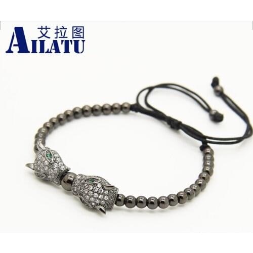 Ailatu 4mm Plated Copper Beads with Micro Paved Clear Cz Macrame Leopard Bracelets Men Jewelry Sale Animal Shape