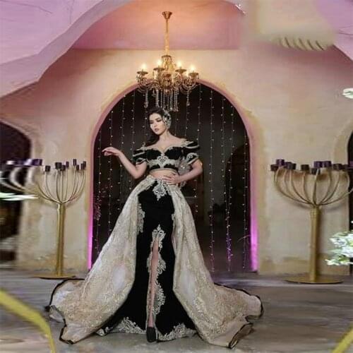 Black Applique Lace Moroccan Caftan Evening Dress Elegant Off Shoulder Two Piece Dubai Saudi Arabic Formal Prom Gown Custom Made