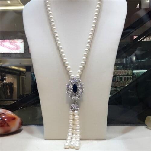 Hot sell Natural 8-9mm freshwater pearl white long necklace Sweater chain tassel Micro inlay zircon clasp fashion jewelry