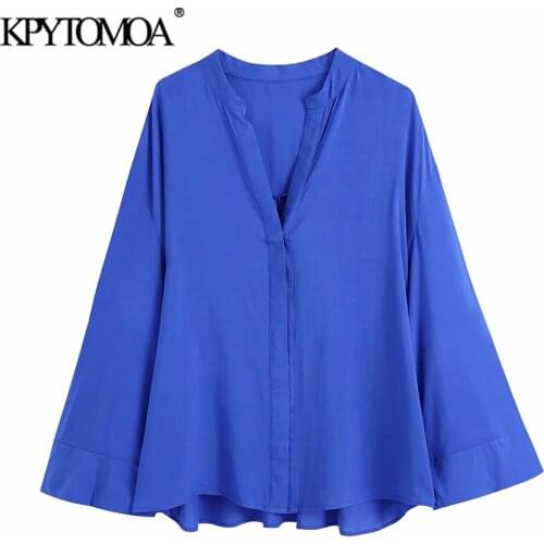 KPYTOMOA Women 2021 Fashion Button-up Loose Blouses Vintage V Neck Long Sleeve Female Shirts Blusas Chic Tops